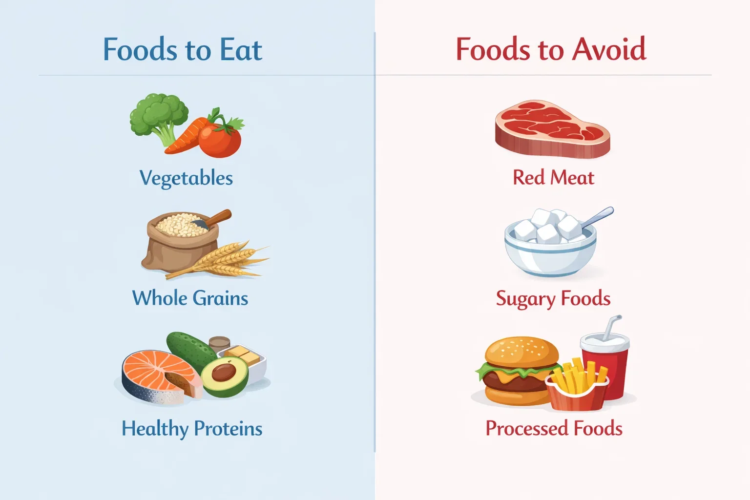 Foods to eat and foods to avoid with endometriosis shown in a simple comparison chart.