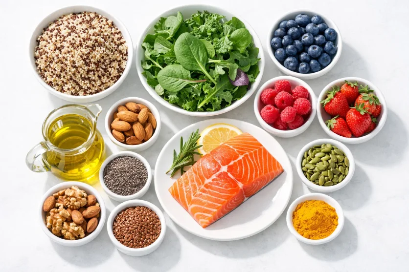 Foods to eat for endometriosis such as salmon, quinoa, berries, and leafy greens.