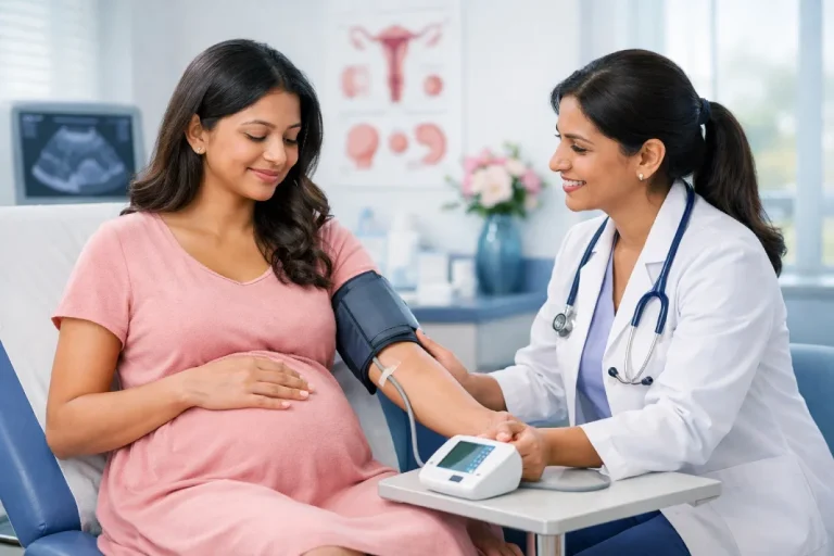 Gestational hypertension blood pressure check during pregnancy at maternity clinic