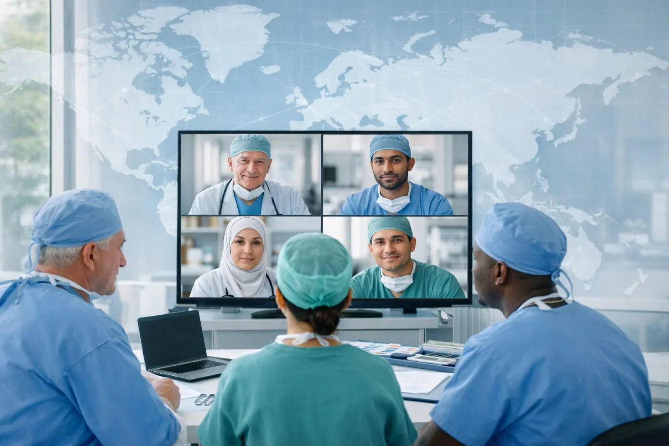 Global surgeons collaborating remotely through Mayflower MStudios’ healthcare video editing services.