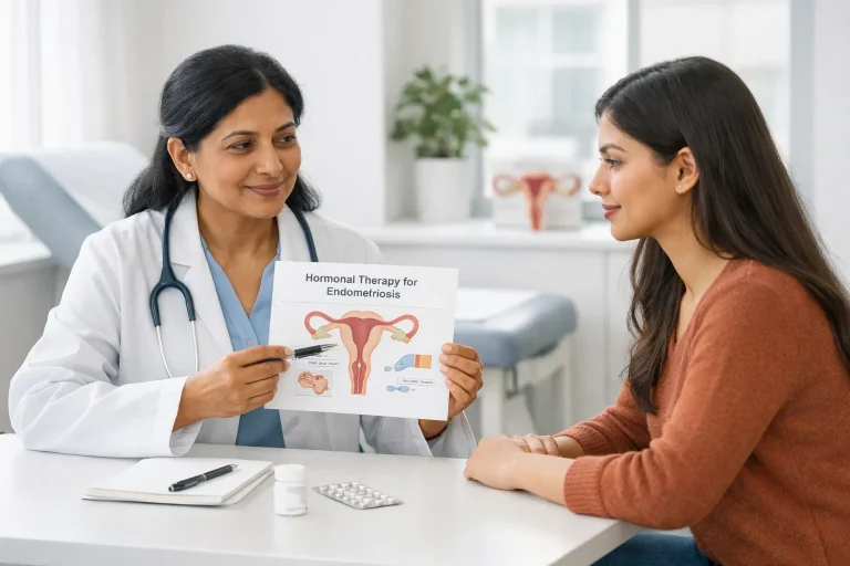 Gynecologist explaining hormonal therapy for endometriosis to a patient at Mayflower Women’s Hospital.