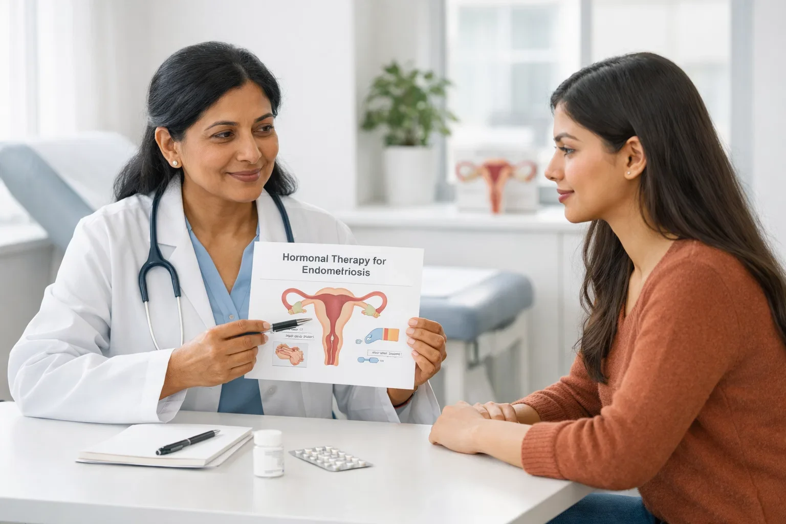 Gynecologist explaining hormonal therapy for endometriosis to a patient at Mayflower Women’s Hospital.
