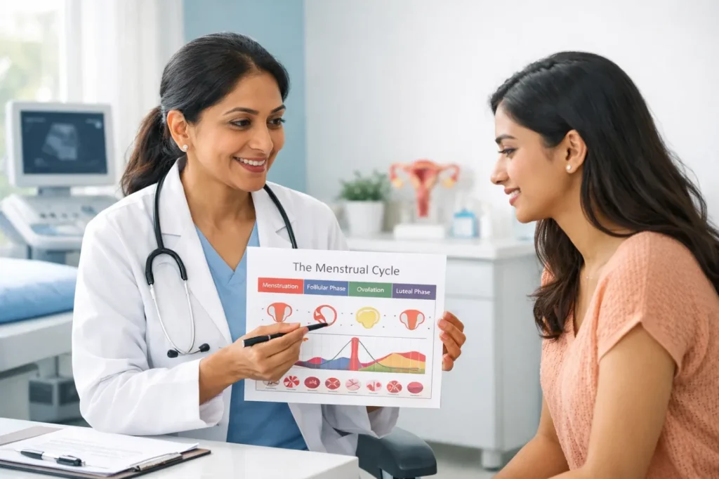 Gynecologist explaining menstrual irregularities to a patient in consultation room