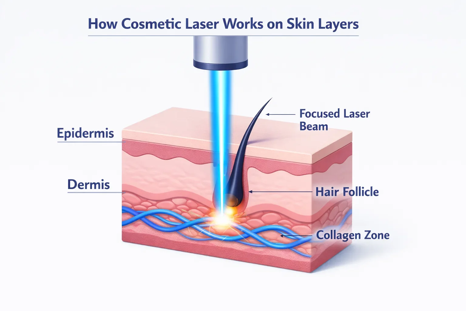 Illustration showing how cosmetic laser safely targets skin layers without damaging surrounding tissue.