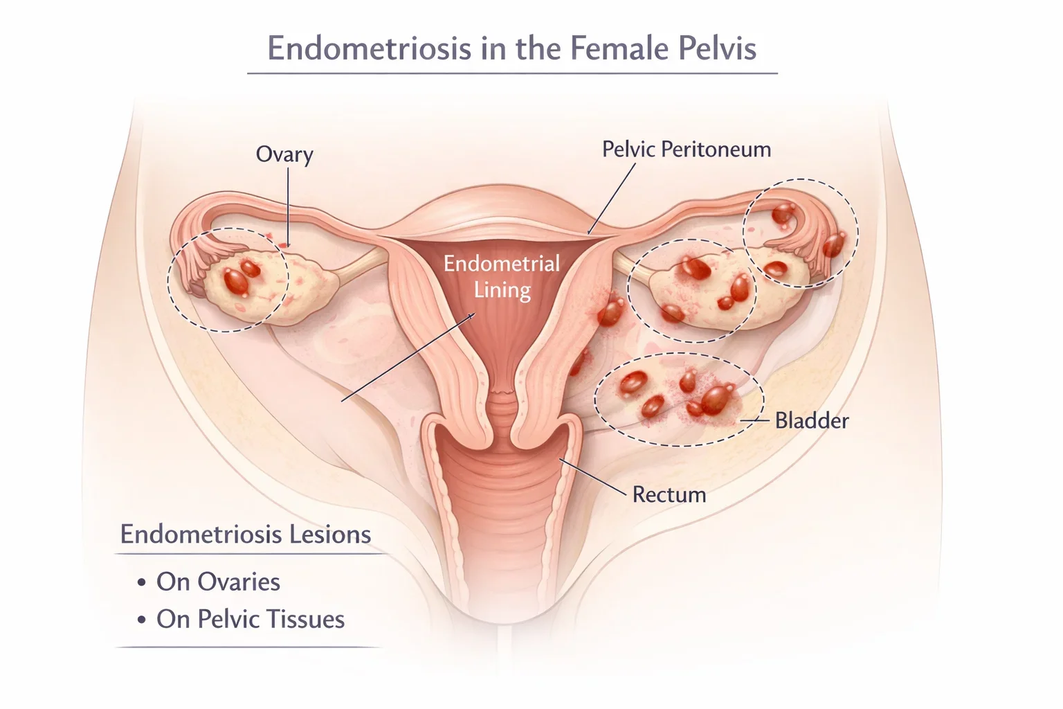 Illustration showing how endometriosis affects the uterus and ovaries