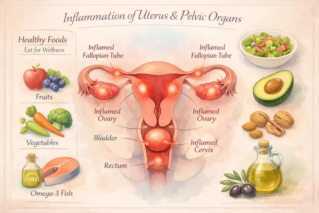 Infographic showing how inflammation and diet affect endometriosis symptoms.