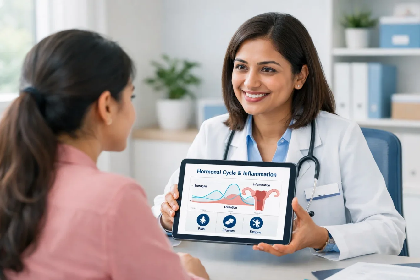 Infographic showing how inflammation and hormonal imbalance in endometriosis lead to chronic fatigue.