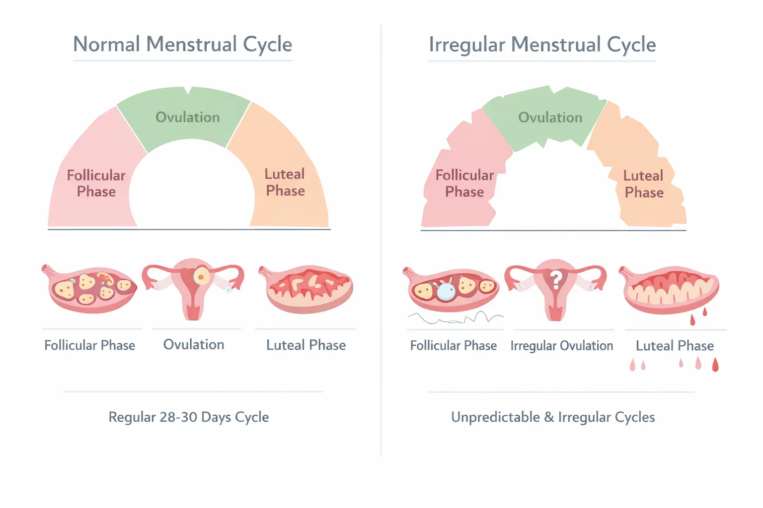 Infographic showing normal vs irregular menstrual cycle phases