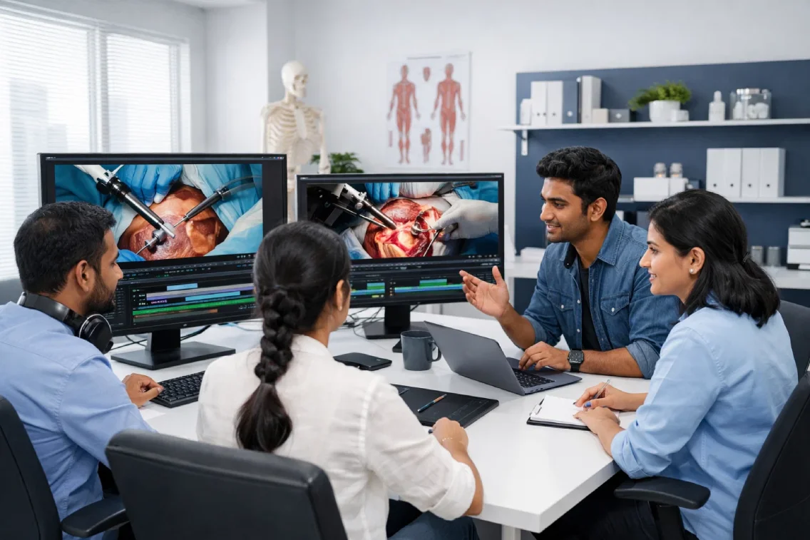 MStudios editing team collaborating in a modern office while working on surgical