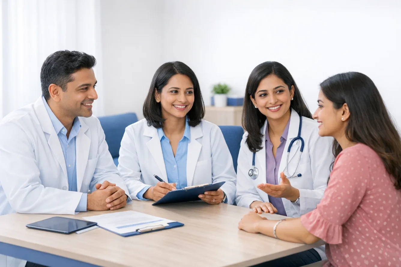 Mayflower Hospital specialists discussing personalized endometriosis fatigue treatment plan with patient.