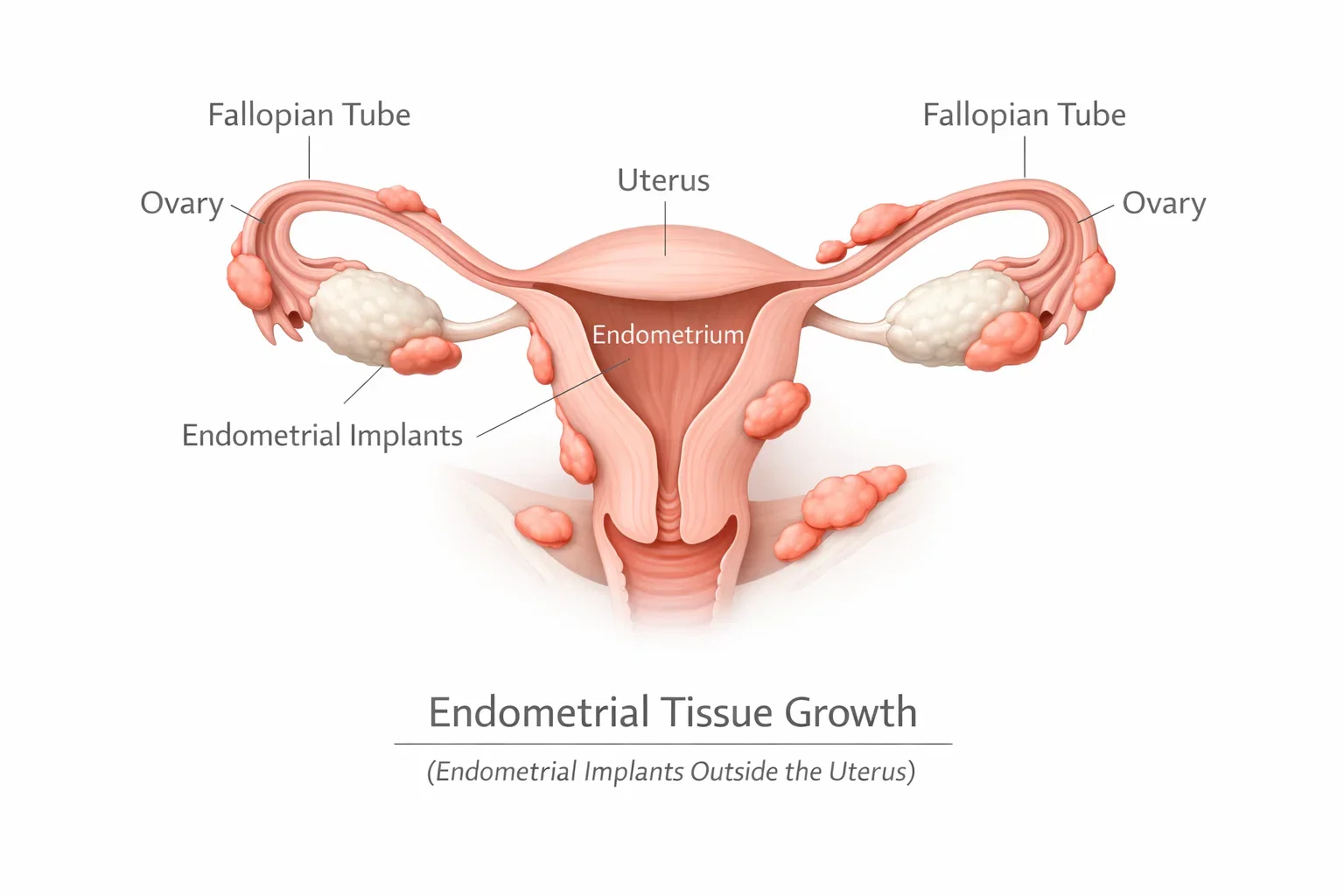 Medical illustration explaining what is endometriosis and abnormal tissue growth