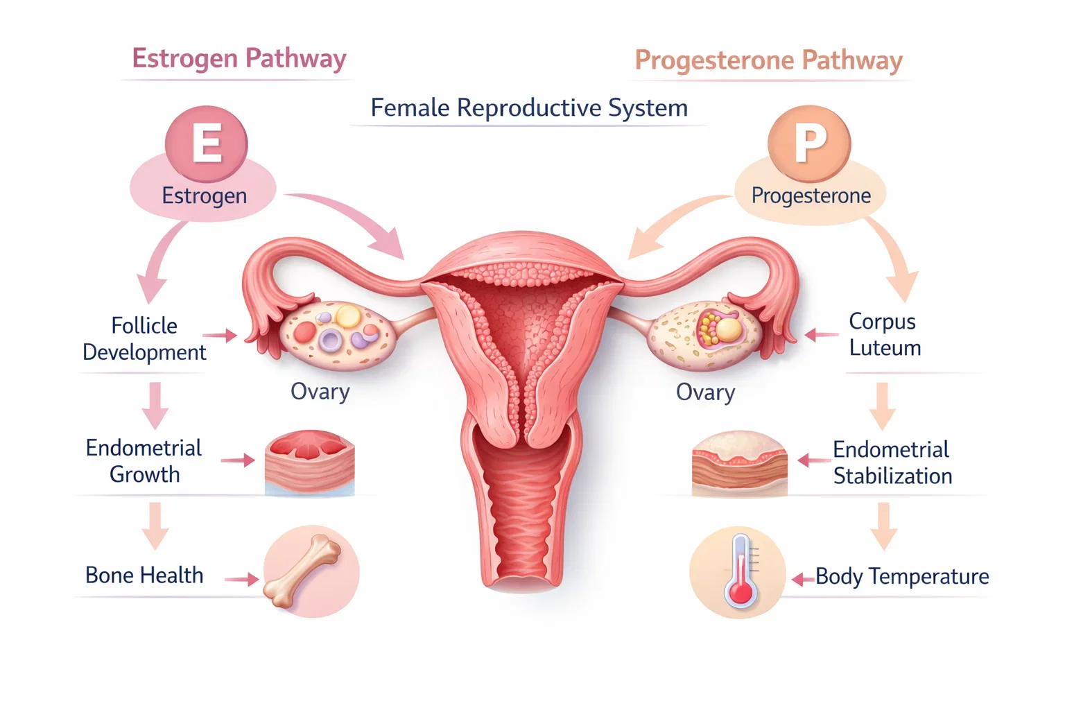 Medical illustration showing estrogen and progesterone imbalance affecting the uterus and ovaries in endometriosis.