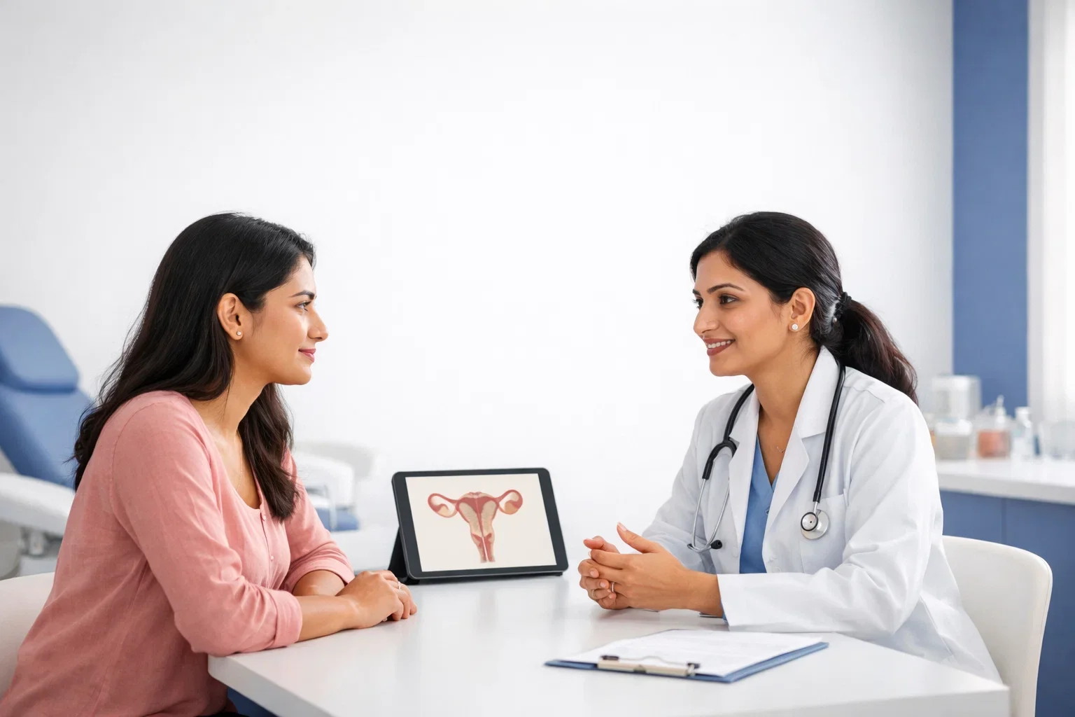 Patient consulting a gynecologist about cosmetic gynecology in a private hospital setting.
