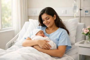 Postpartum recovery care for a new mother and newborn in a hospital setting