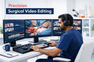 Professional medical video editor reviewing surgical footage in a modern MStudios editing workspace.