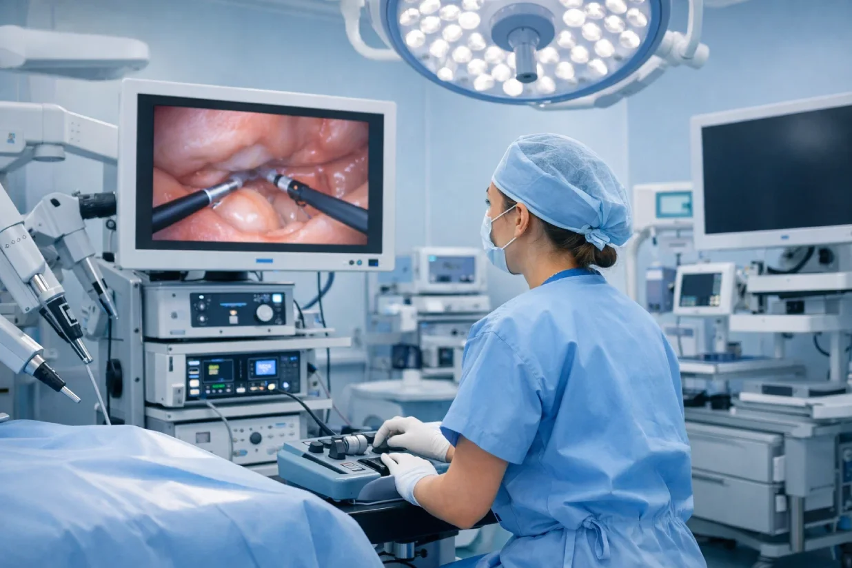 Specialist performing laparoscopic endometriosis surgery in advanced operation theatre