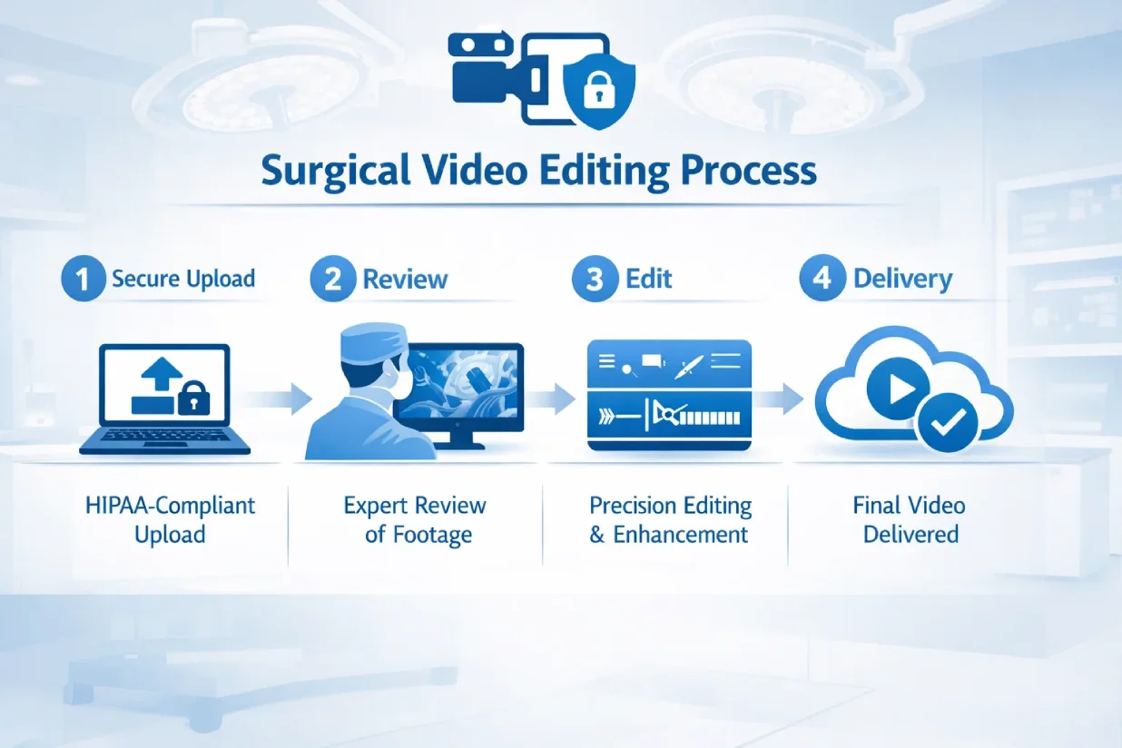 Step-by-step workflow of surgical video editing at Mayflower’s MStudios from upload to final delivery.