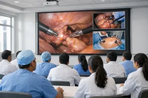 Surgeons and medical students learning through surgical training videos in a hospital classroom.
