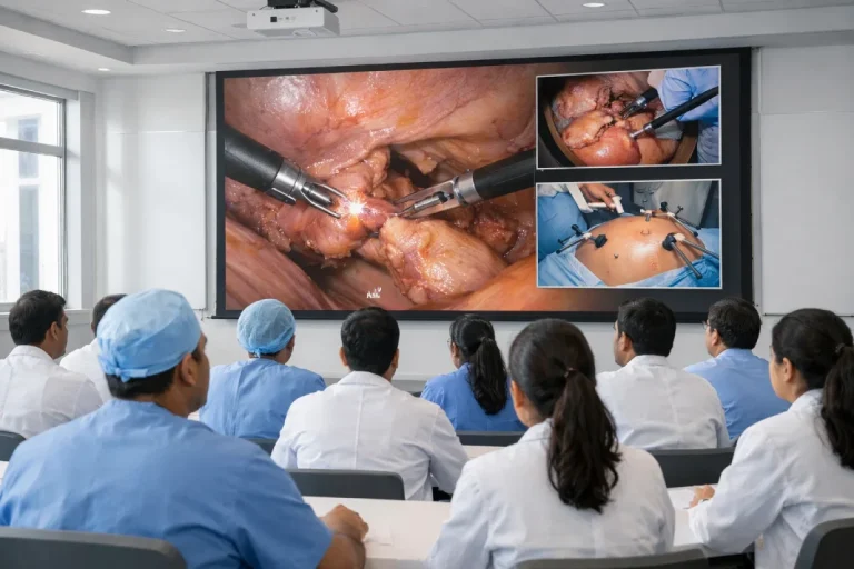 Surgeons and medical students learning through surgical training videos in a hospital classroom.