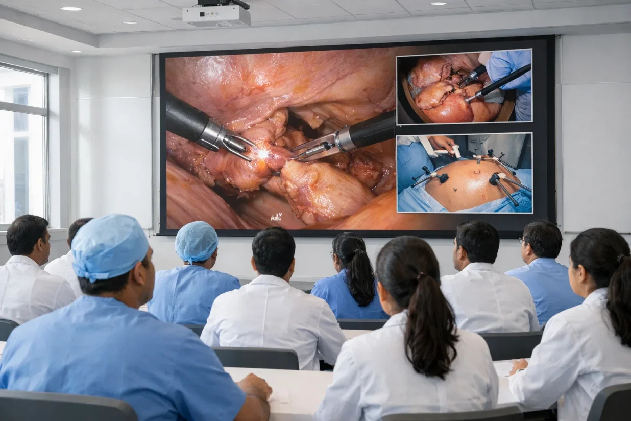 Surgeons and medical students learning through surgical training videos in a hospital classroom.