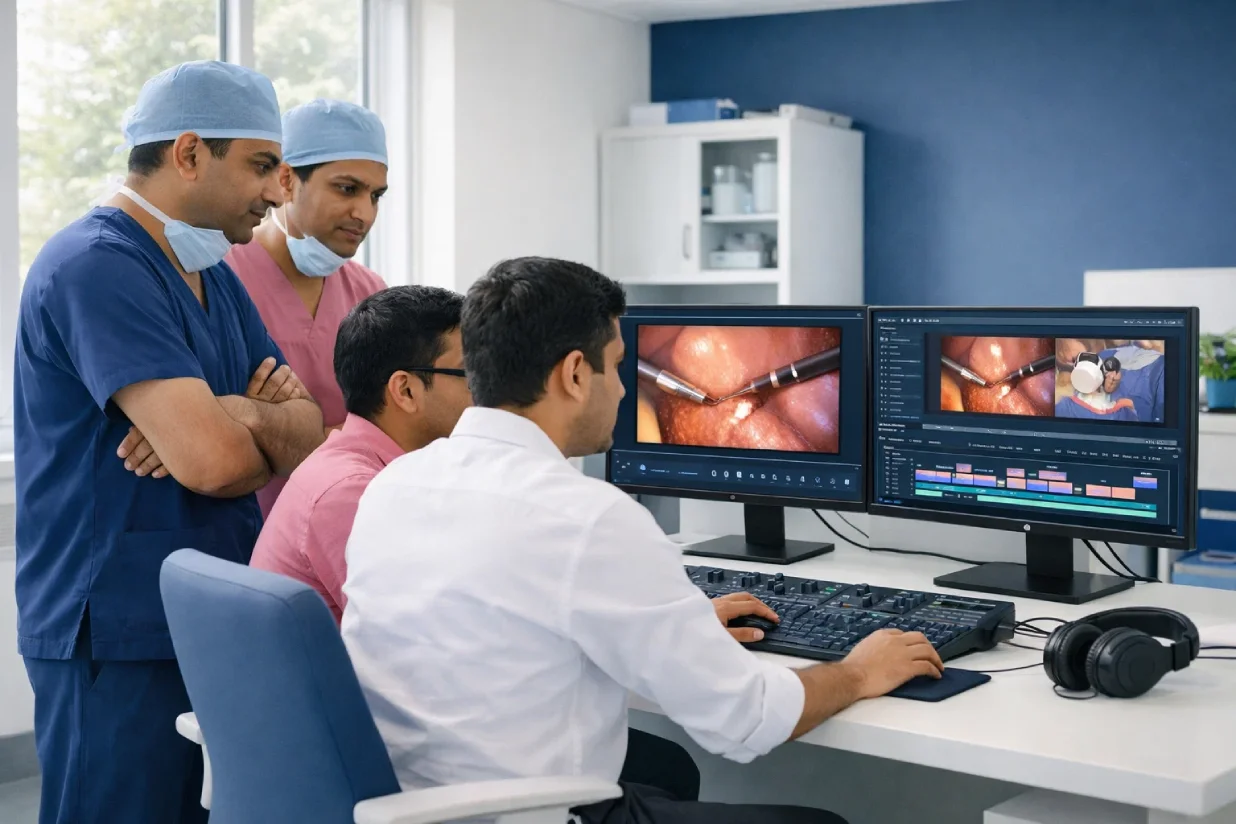 Surgical video editing team at Mayflower’s MStudios reviewing laparoscopic surgery footage in a modern editing studio.