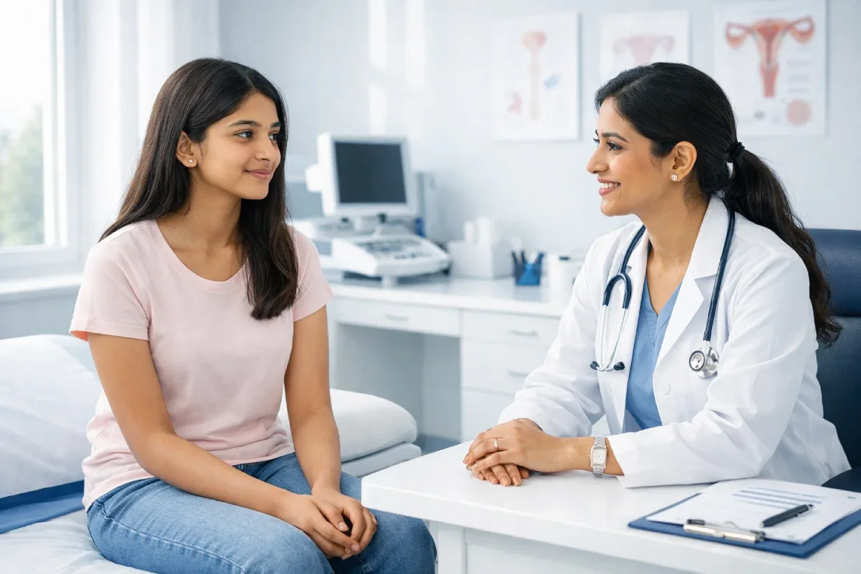 Teenage girl consulting a gynecologist for endometriosis care at Mayflower Hospital.