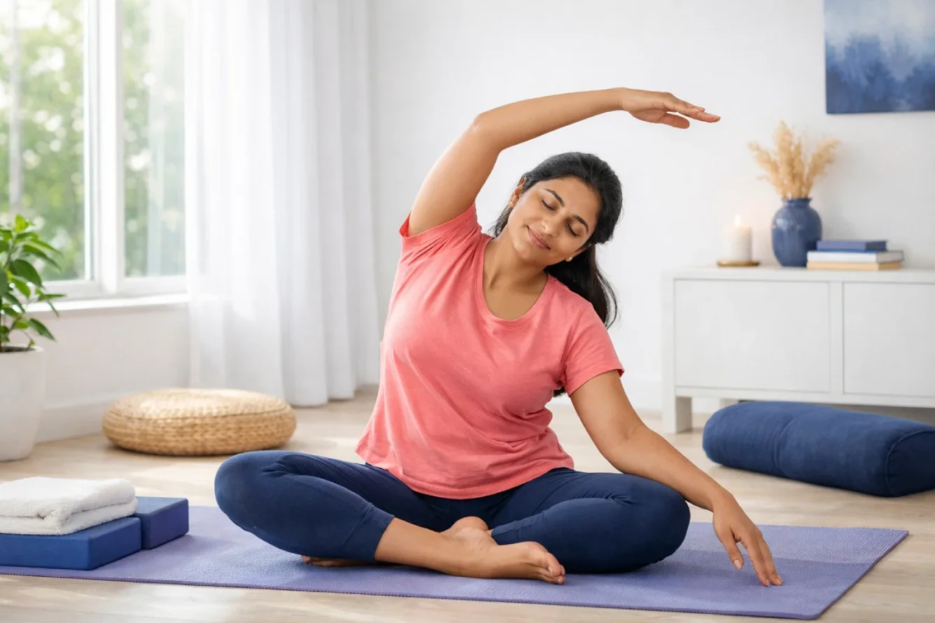 Woman doing light yoga to manage endometriosis fatigue through gentle movement.