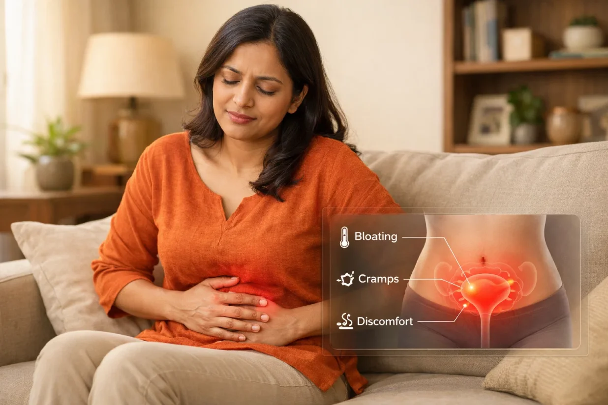 Woman experiencing common endometriosis symptoms such as pelvic pain