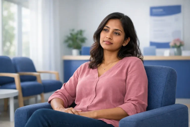 Woman experiencing endometriosis fatigue resting calmly in a bright clinical setting.