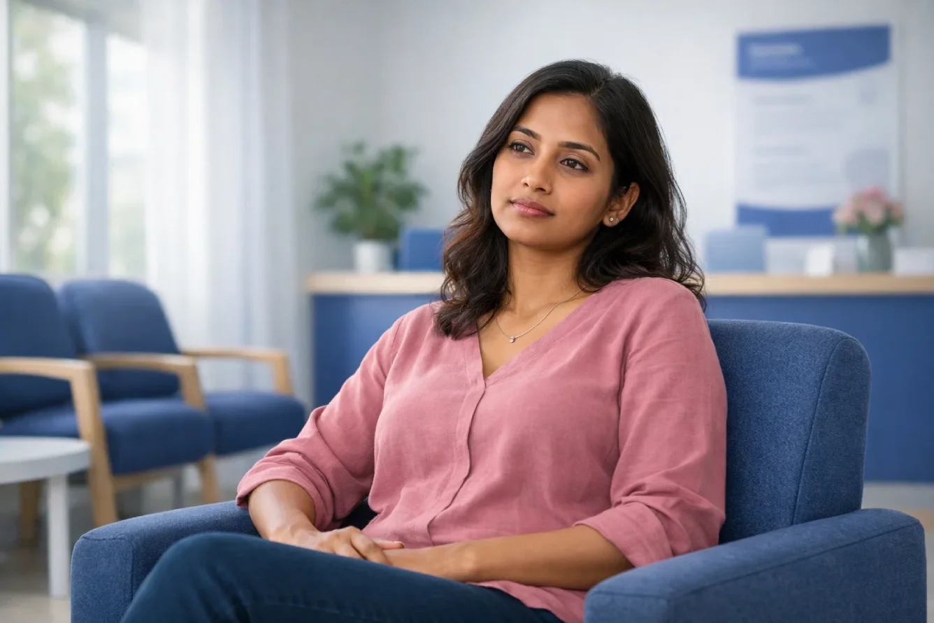 Woman experiencing endometriosis fatigue resting calmly in a bright clinical setting.