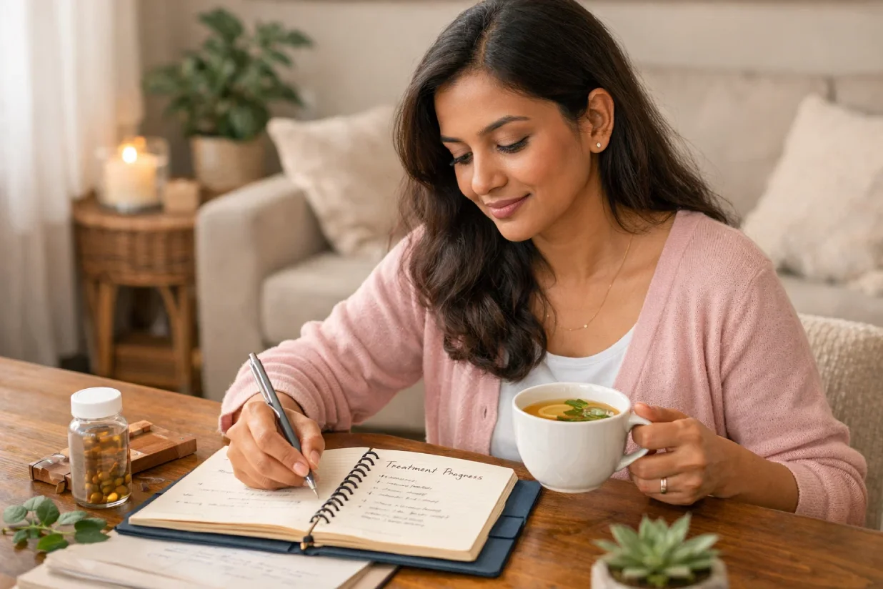 Woman practicing self-care while managing hormonal therapy side effects for endometriosis.