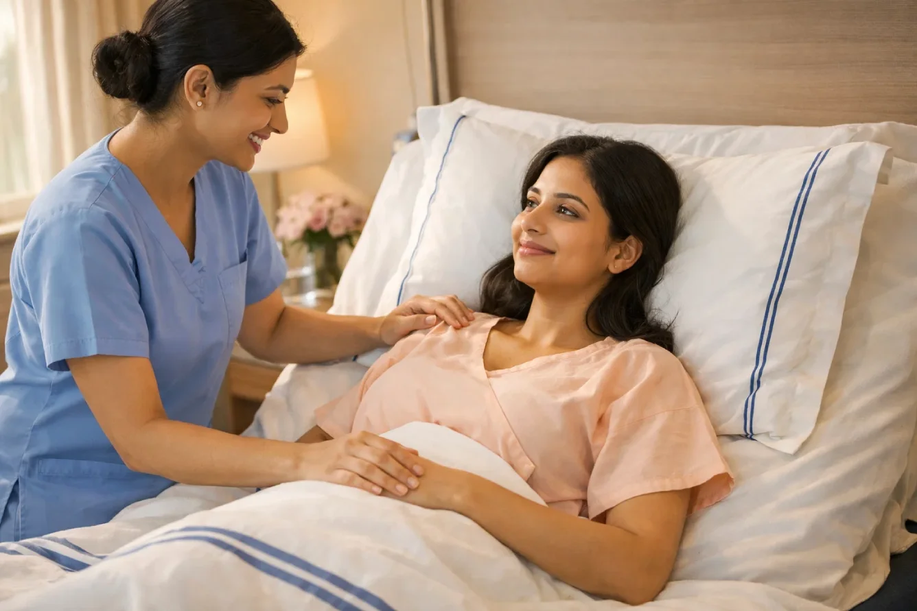 Woman recovering comfortably after cosmetic gynecology with nursing aftercare support.